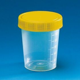Urine beaker PP 100 ml, sterile, yellow screw cap