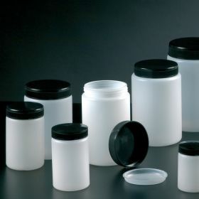 Round jar HDPE 250 ml, insert plug + black screw cap