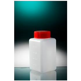 Square bottle HDPE 250ml, red screw cap with seal, sterile