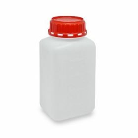 Square HDPE bottle 1 L, graduated, 55mm red tamper evident cap with plug, unassembled