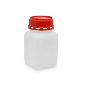 Square bottle HDPE 500ml, graduated, red tamper evident cap, unassembled