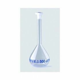 Volumetric flasks ISOLAB class A, borosilicate glass 3.3, with PE stopper and blue graduation
