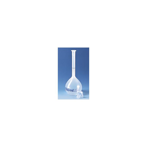 Volumetric flasks in polypropylene (PP), Plastibrand, class B, with PP-stopper  , blue printing